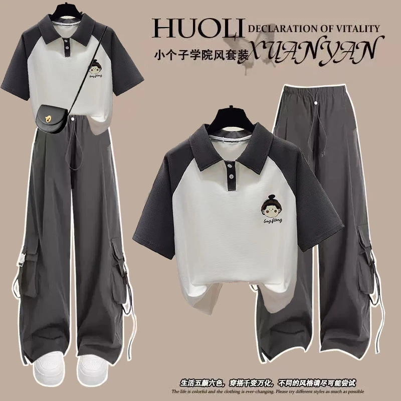 夏季套装学生韩版宽松学院风撞色短袖T恤+高腰帅气工装裤两件套潮