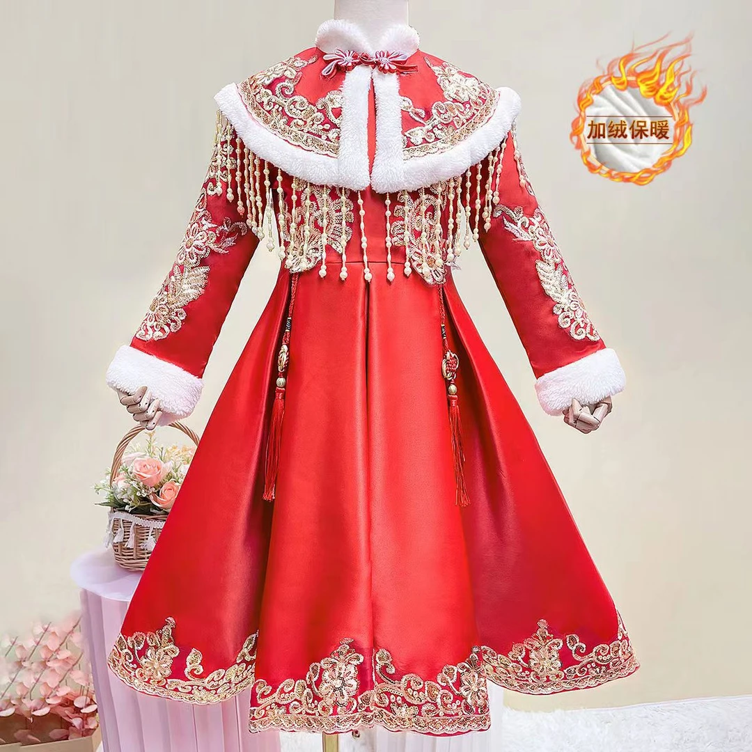 女童红色拜年服中国风冬装旗袍加绒新年衣服儿童连衣裙小女孩唐装