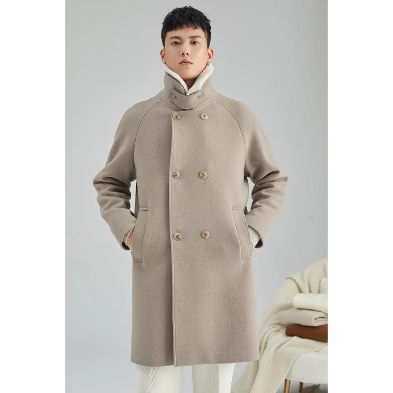 秋冬加厚羊羔领中长款羊毛大衣男士双排扣秋冬重磅上衣男外套时尚