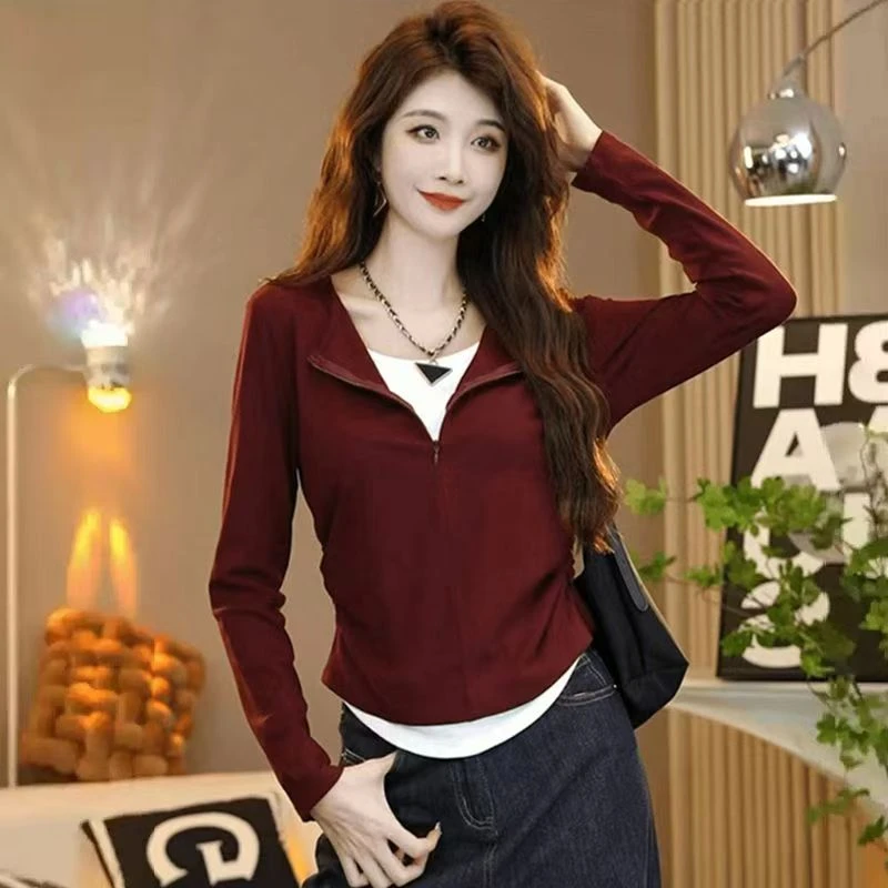 外贸清仓捡漏~秋季新款长袖t恤女假两件拉链设计修身显瘦打底上衣