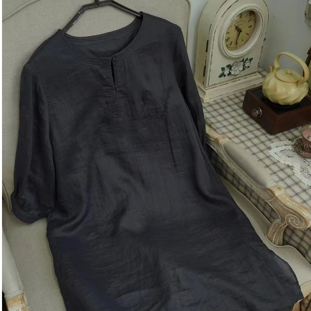 阿俏老师自留纯苎麻朴素质感圆领宽松中长款文艺女上衣