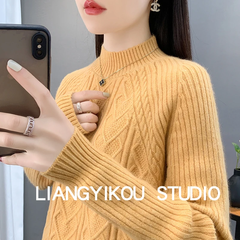 半高领套头毛衣女士秋冬新款时尚洋气宽松内搭针织打底衫加厚上衣