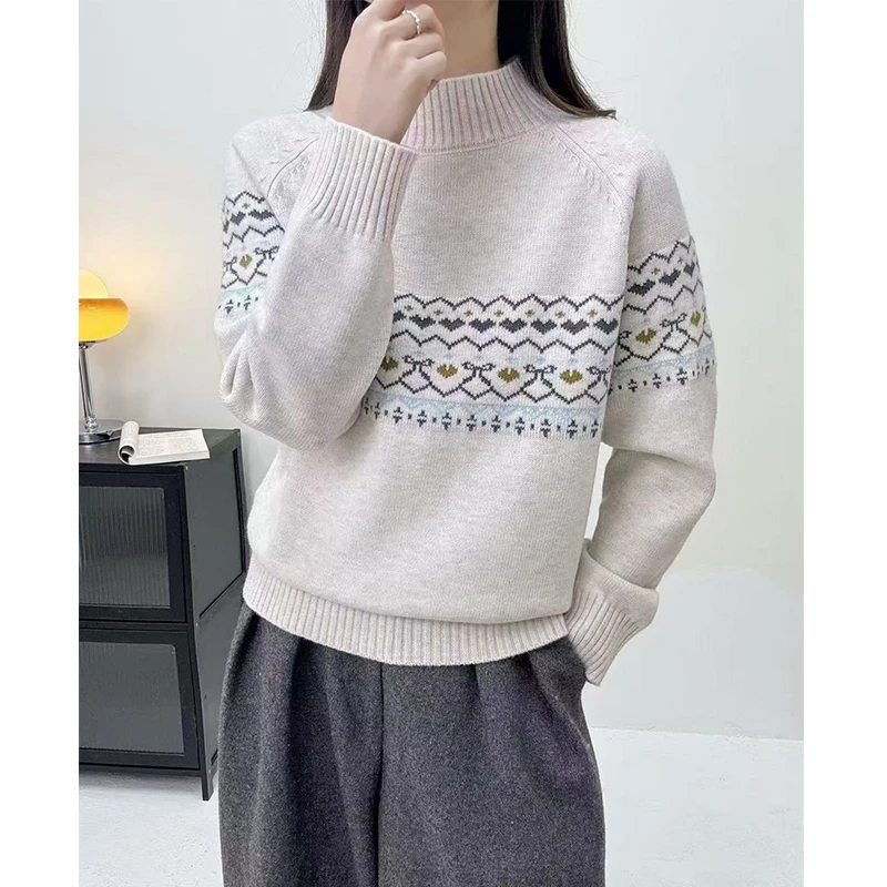 提花半高领毛衣女士套头秋冬新款时尚百搭气质针织打底衫内搭加厚