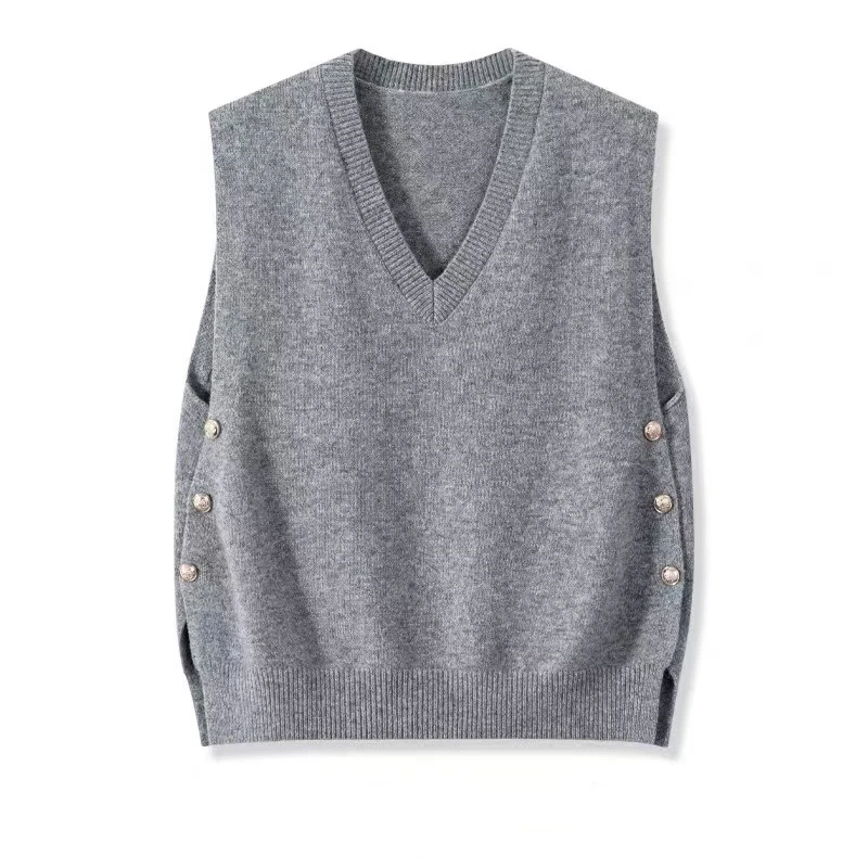 V领针织马甲背心女秋装新款时尚洋气宽松纽扣设计感毛衣马夹坎肩