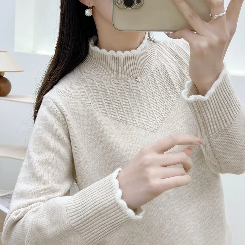 女士毛衣套头半高领拼色秋冬新款时尚洋气宽松内搭针织打底衫上衣