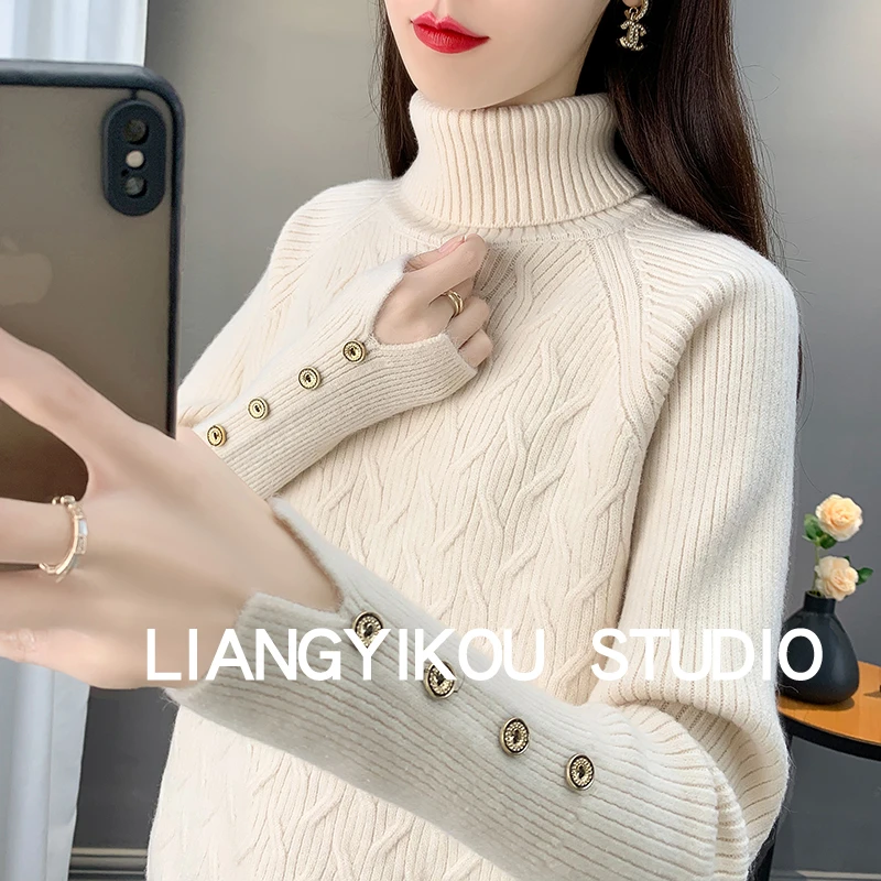 高领厚毛衣女士套头秋冬新款2023时尚洋气宽松内搭针织打底衫上衣