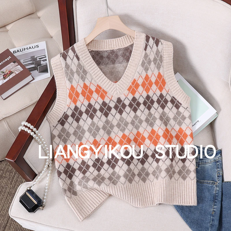 菱形针织马甲背心女士秋冬新款2023年时尚洋气宽松毛衣坎肩上衣