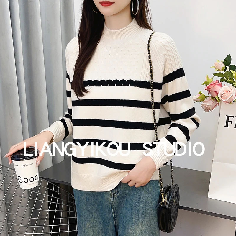 半高领毛衣女士秋冬新款时尚条纹洋气宽松针织打底衫套头上衣加厚