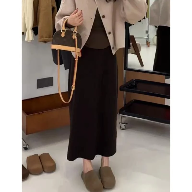 毛呢纸片裙子女2025新款春季高腰显瘦垂感半身裙气质小个子后开叉