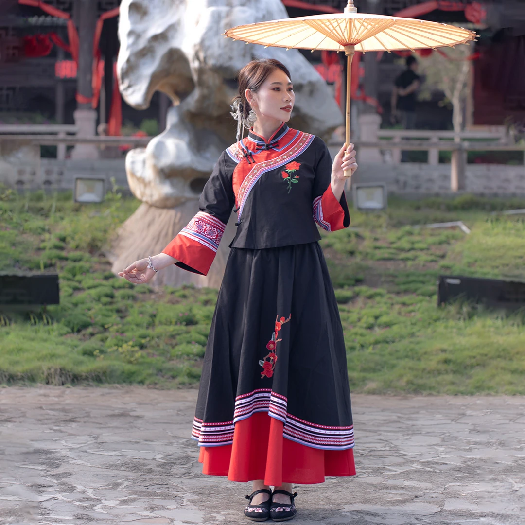 布依族壮族服装黑红色刺绣立领四件套民族风裙子少数民族舞台装