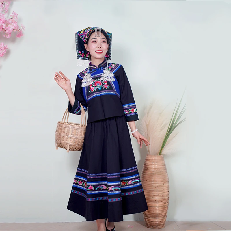 新款少数民族服装复古国风鸟语花香绣花长裙两件套布依族壮族女士