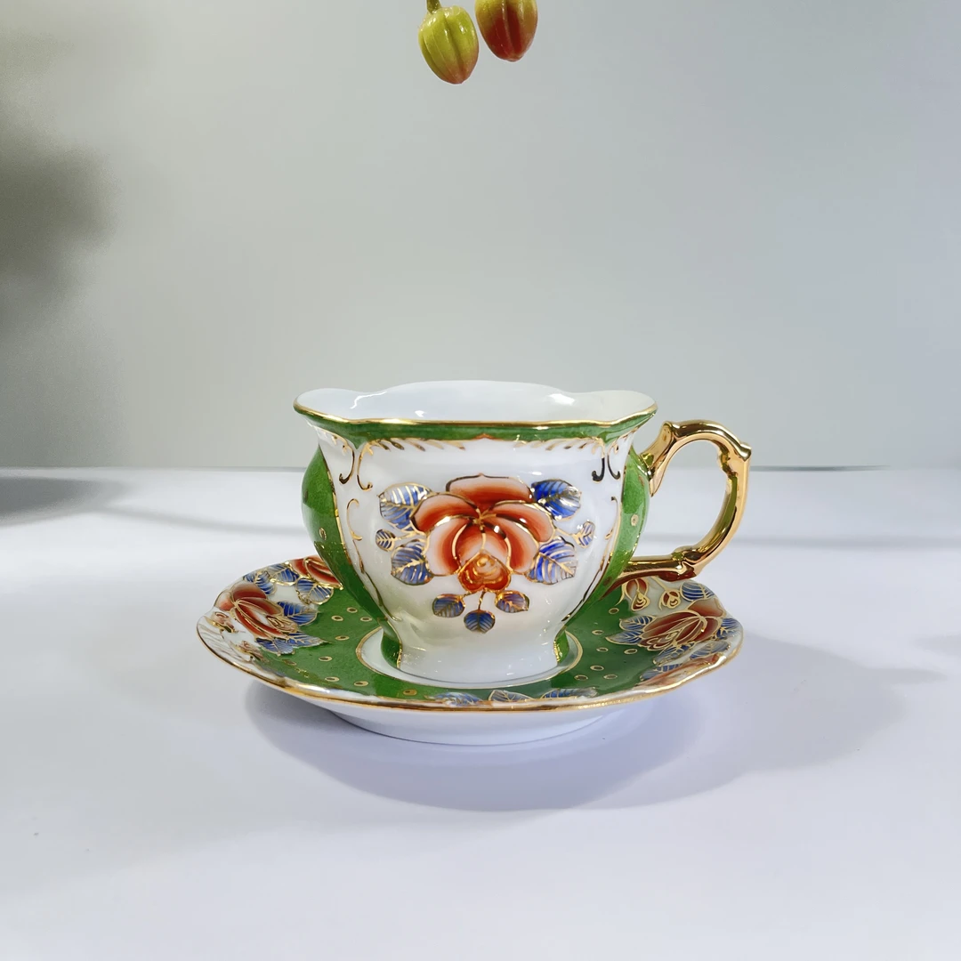 【老货】B20 绿边红花 220ml 大肚描金咖啡杯碟  高温瓷