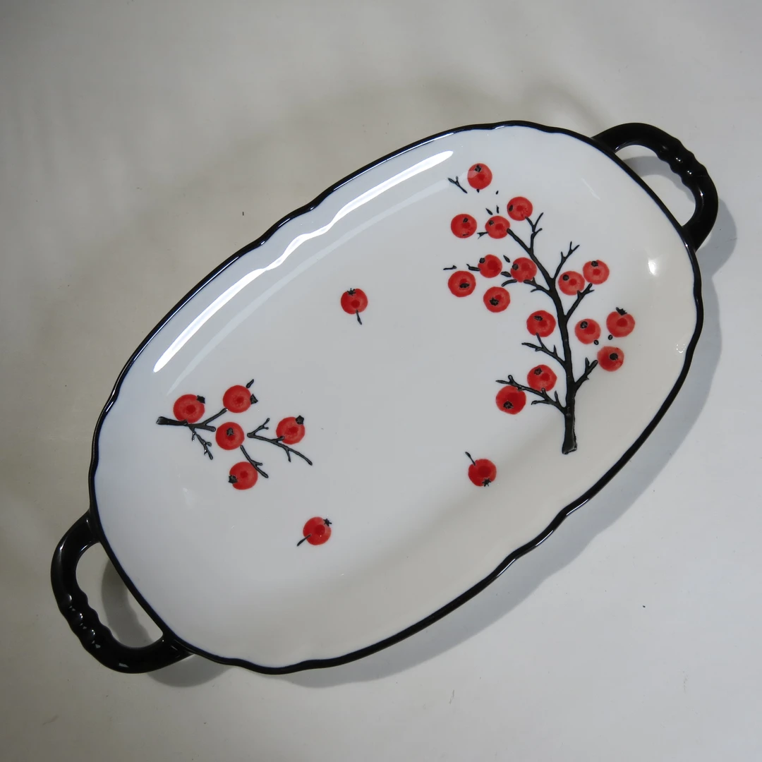 【硕果】双耳鱼盘30cm陶瓷釉下彩盘子餐具菜盘家用中式椭圆形防烫