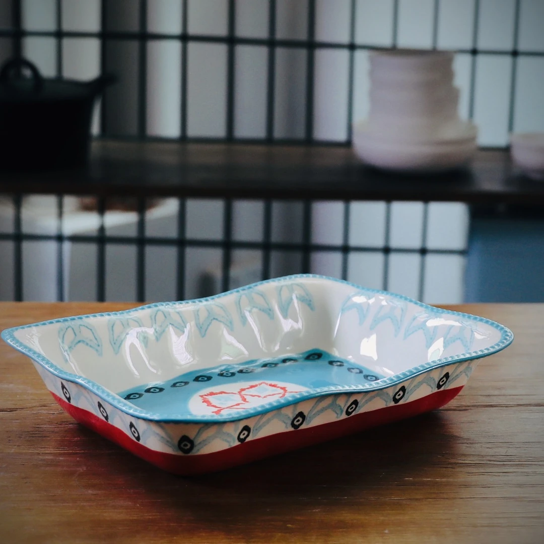 【美好的】 31.7*23.5 *5.7cm 蓝色荆花浮雕大烤盘 高温瓷