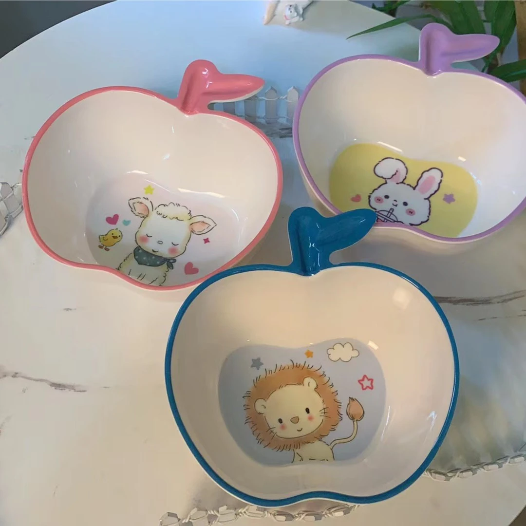 A0020苹果手把碗宝宝辅食耐摔家用分格盘吃饭碗餐碗