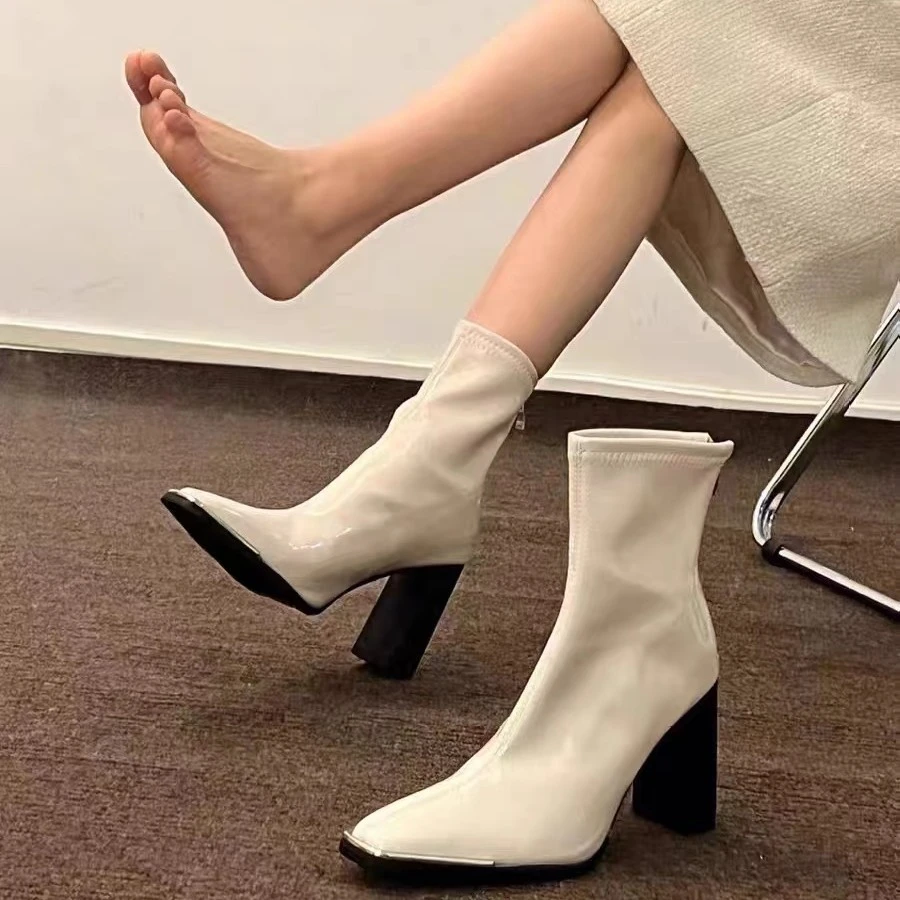 高跟短靴女粗跟2023秋冬爆款肯豆同款漆皮方头瘦瘦靴拉链中筒靴女