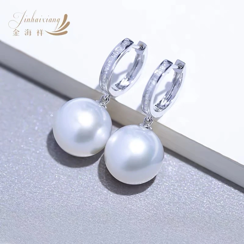金海祥冷光澳白海水珍珠耳环耳勾11-12mm18K金强光正圆质感经典
