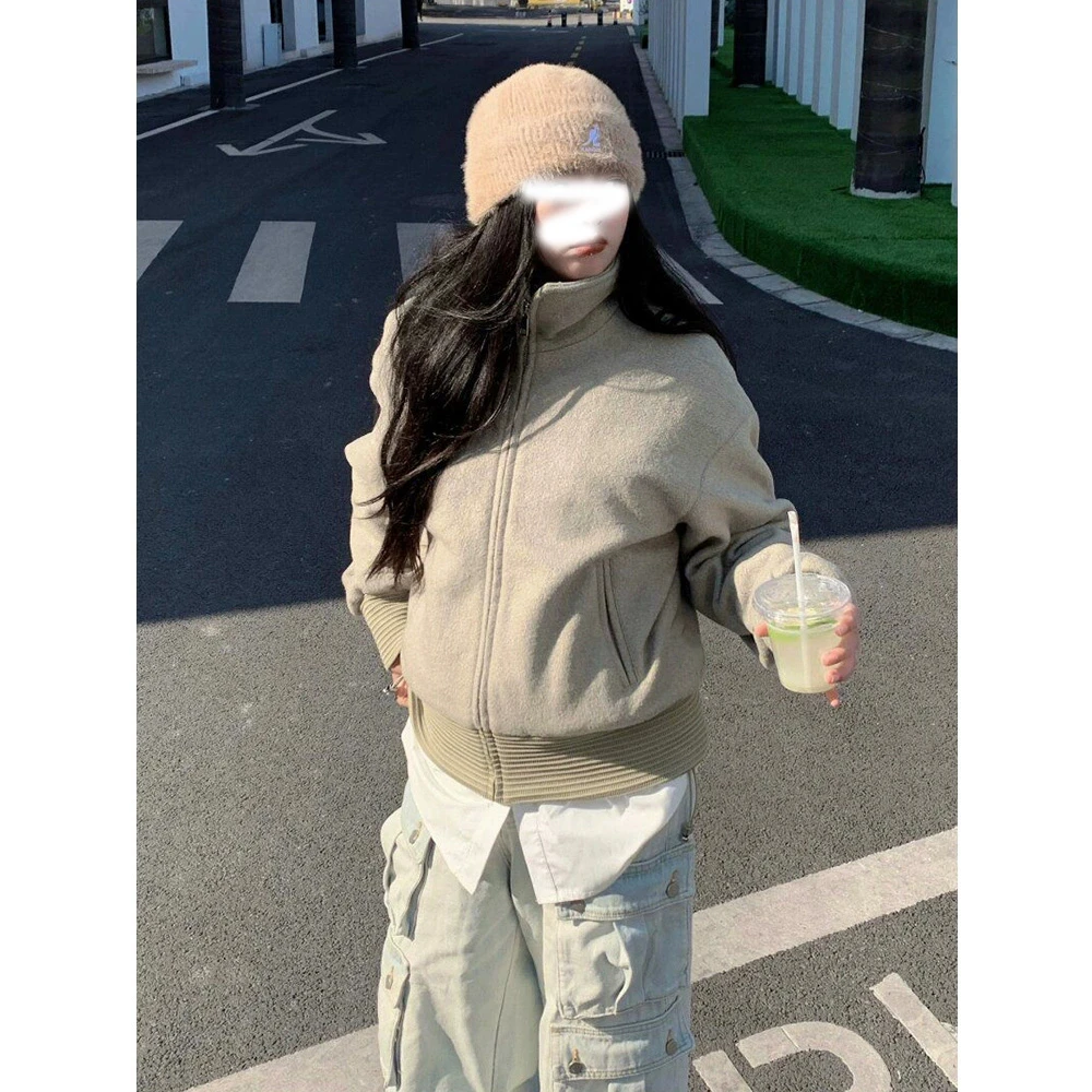 美式复古夹克外套女春秋季基础款百搭宽松廓形拉链翻领开衫上衣潮