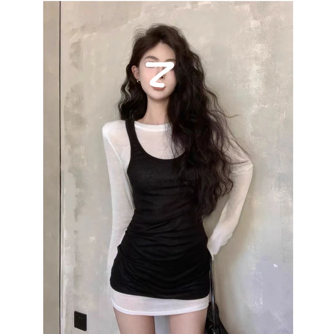 秋季新款性感辣妹纯欲微透长袖T恤+黑色修身时尚休闲背心两件套女