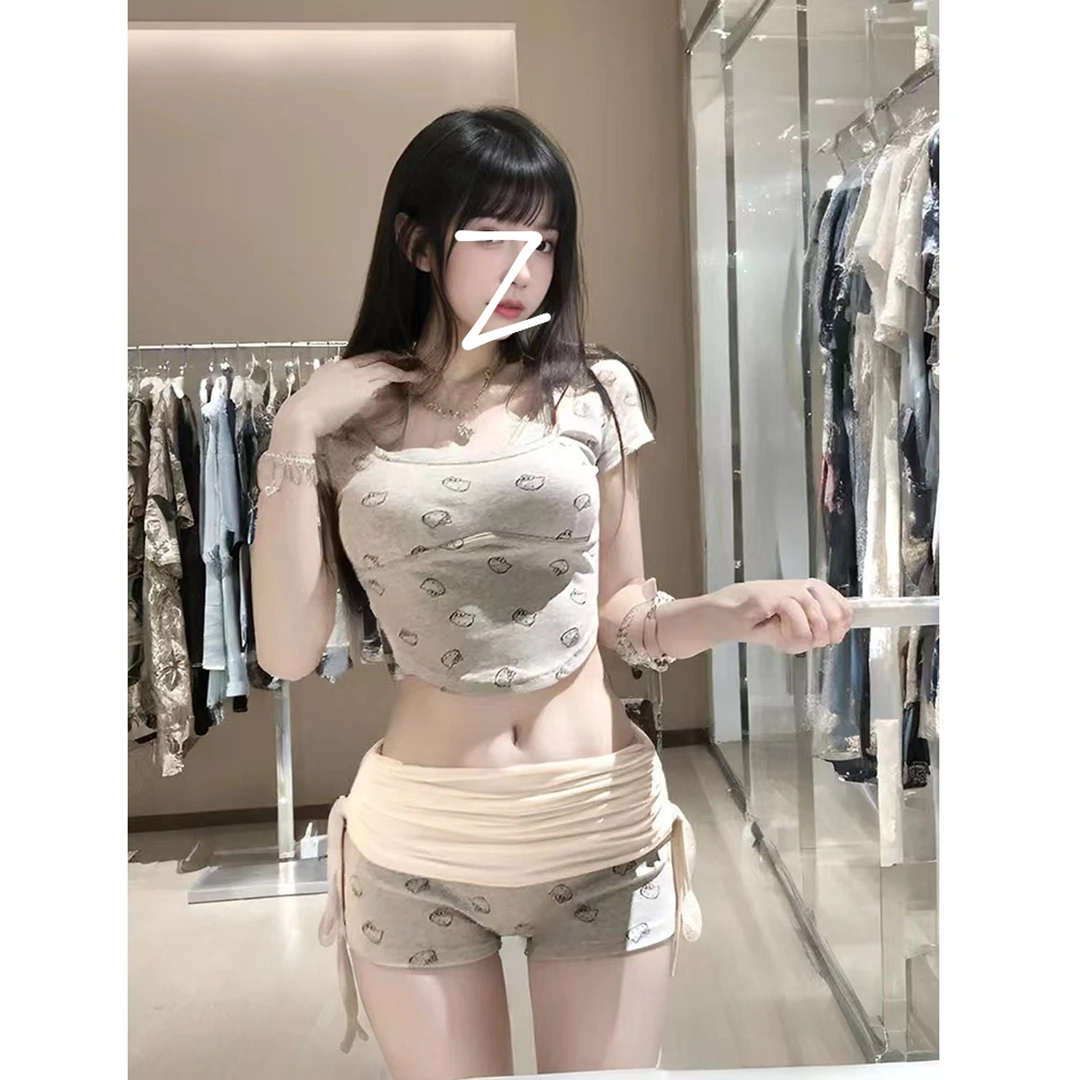 夏装新款甜辣纯欲印花短款T恤上衣套装低腰抽褶绑带短裤两件套女