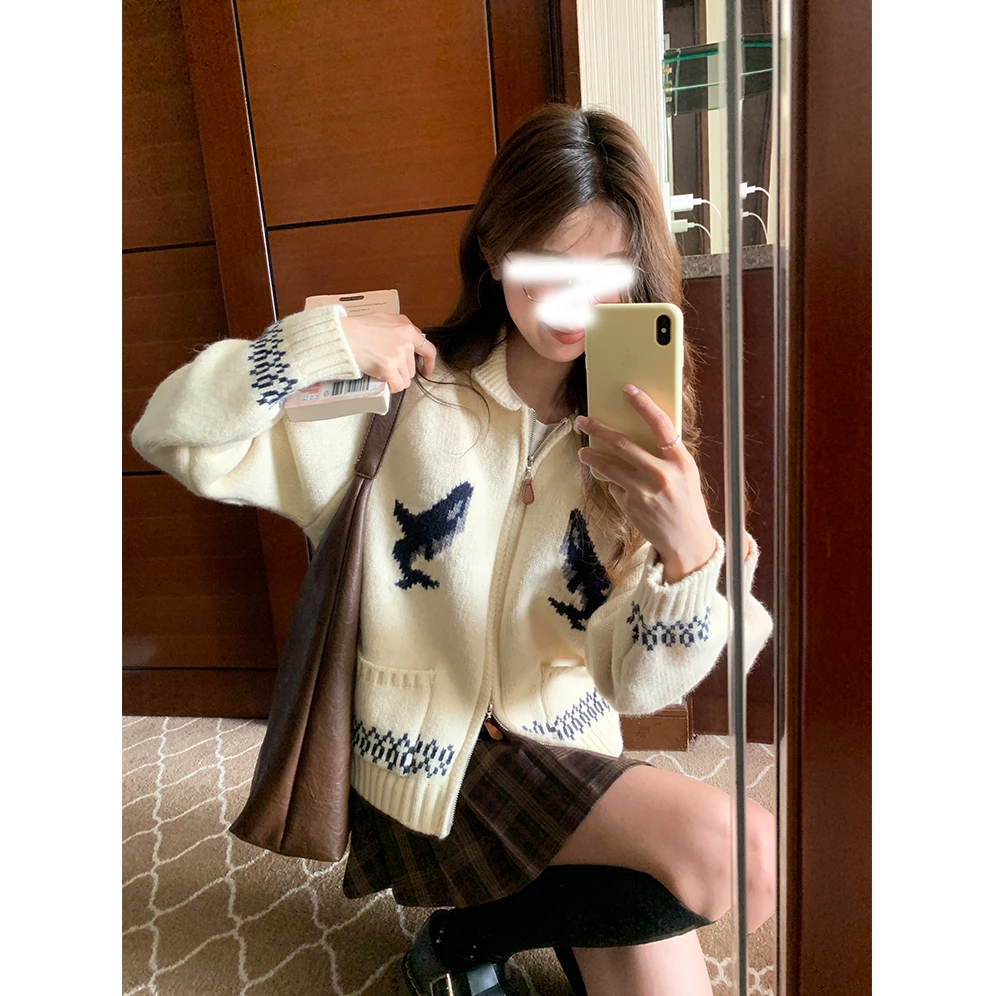 复古翻领提花拉链粗棒针毛衣外套秋冬季韩版气质宽松慵懒显瘦上衣