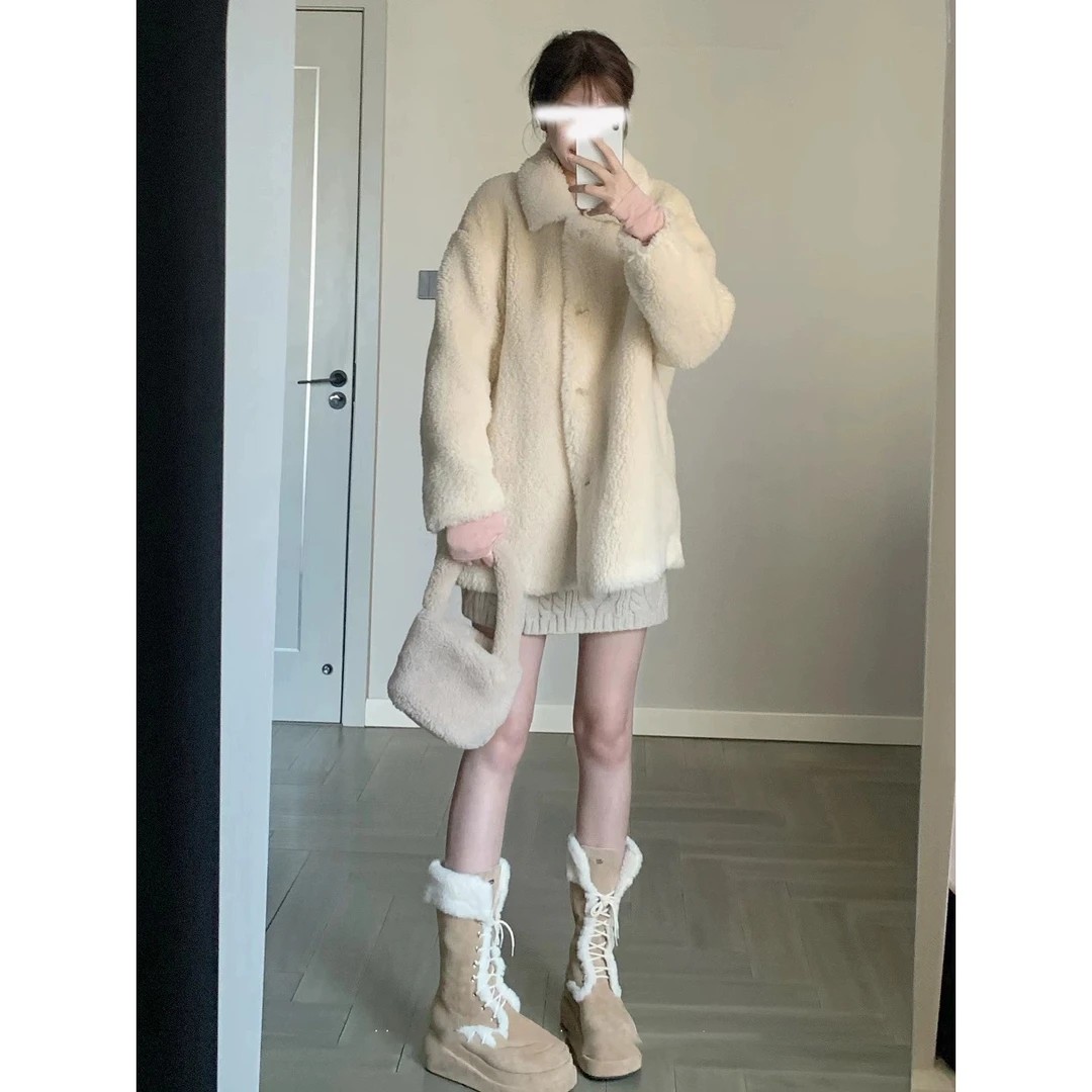 2024秋冬新款韩版甜美咩咩毛翻领外套女保暖休闲宽松百搭上衣女