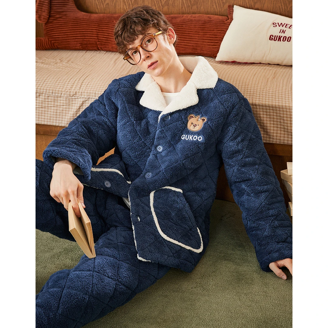 【Gukoo果壳】小熊图案男士加绒加厚冬天家居服套装
