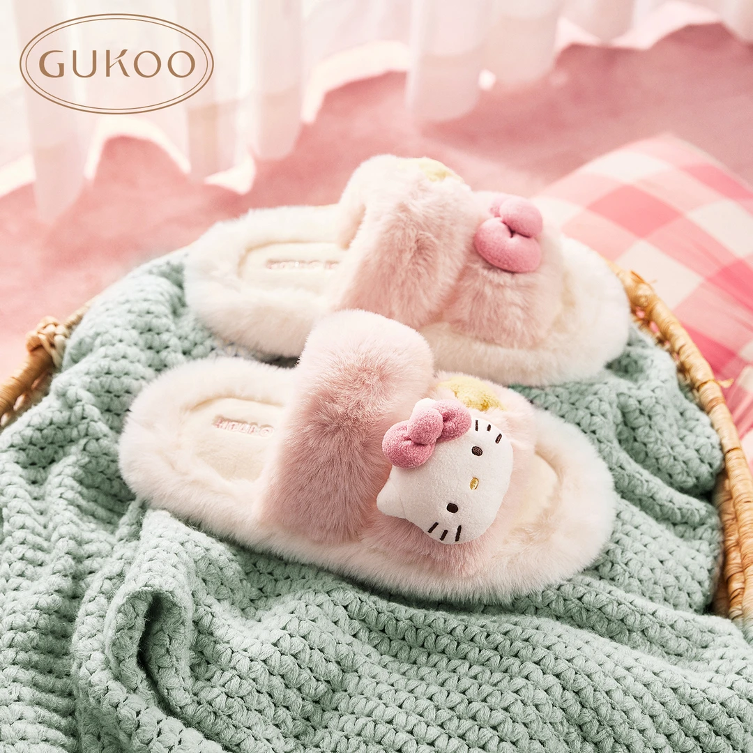 Gukoo/果壳冬季hellokitty联名可爱卡通毛绒拖鞋可外穿