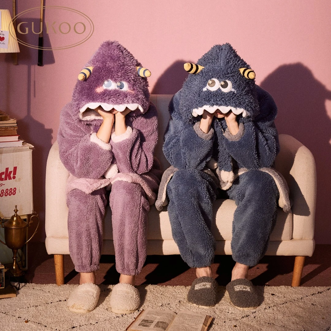 【Gukoo果壳】4Q065 小怪兽秋冬珊瑚绒卡通连帽睡袍睡衣家居服