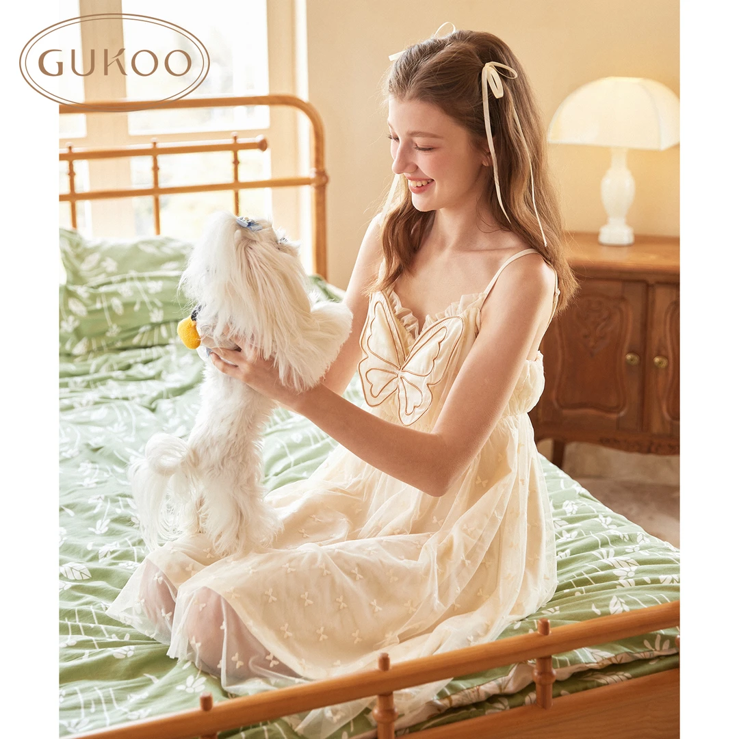 【Gukoo果壳】夏季甜美多色蝴蝶女士吊带纱裙纯欲纯色森系薄款睡裙