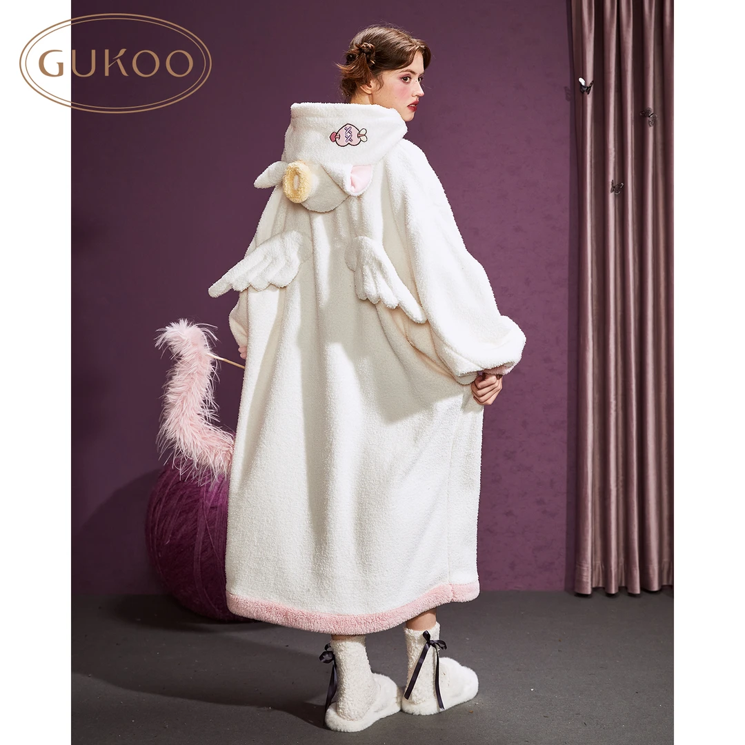 Gukoo果壳冬款万圣节来袭小天使粉白可爱连帽光环家居服睡袍