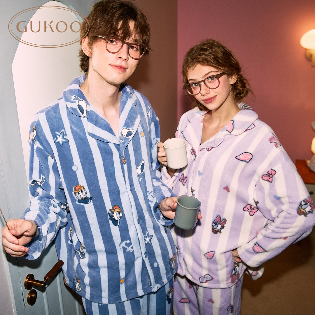 Gukoo/果壳情侣睡衣条纹保暖牛奶绒女睡衣迪士尼冬款男家居服套装