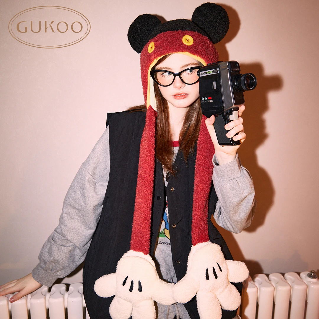 Gukooo果壳冬季迪士尼联名新款帽子手套一体保暖护耳米奇棉帽