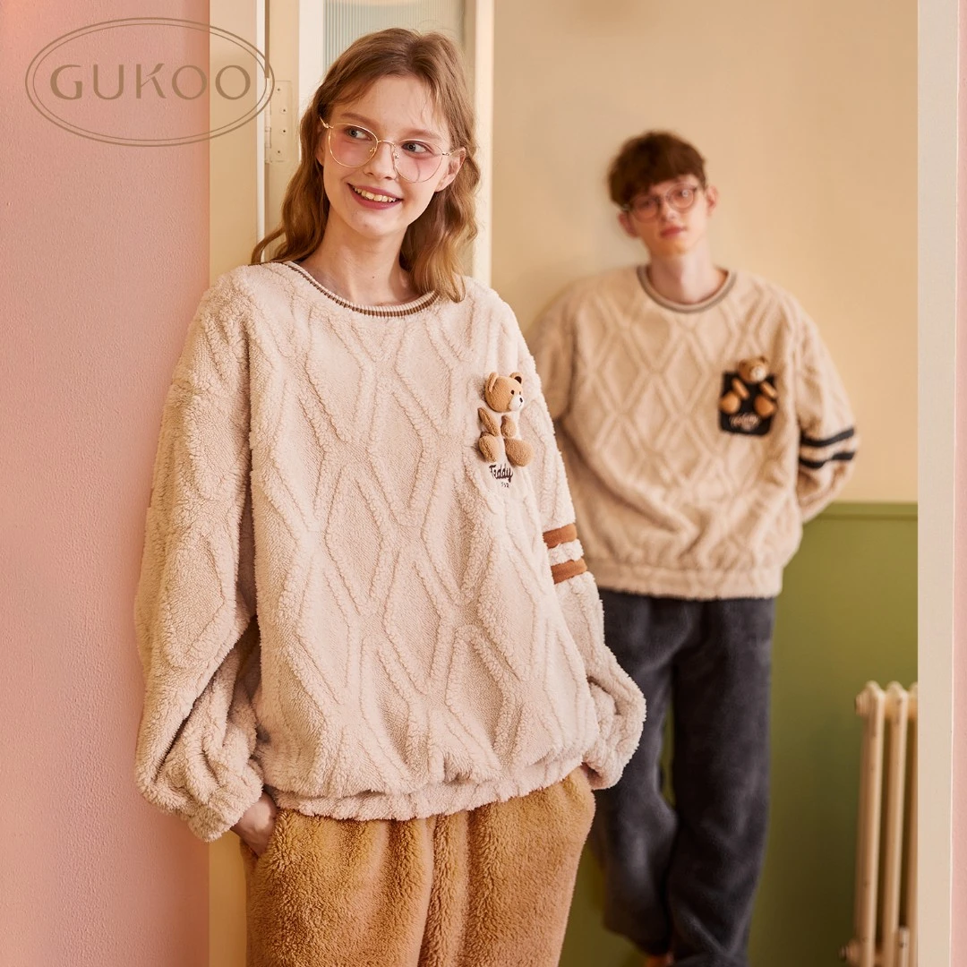【Gukoo果壳】4Q146冬季泰迪系列圆领加绒情侣保暖家居服套装