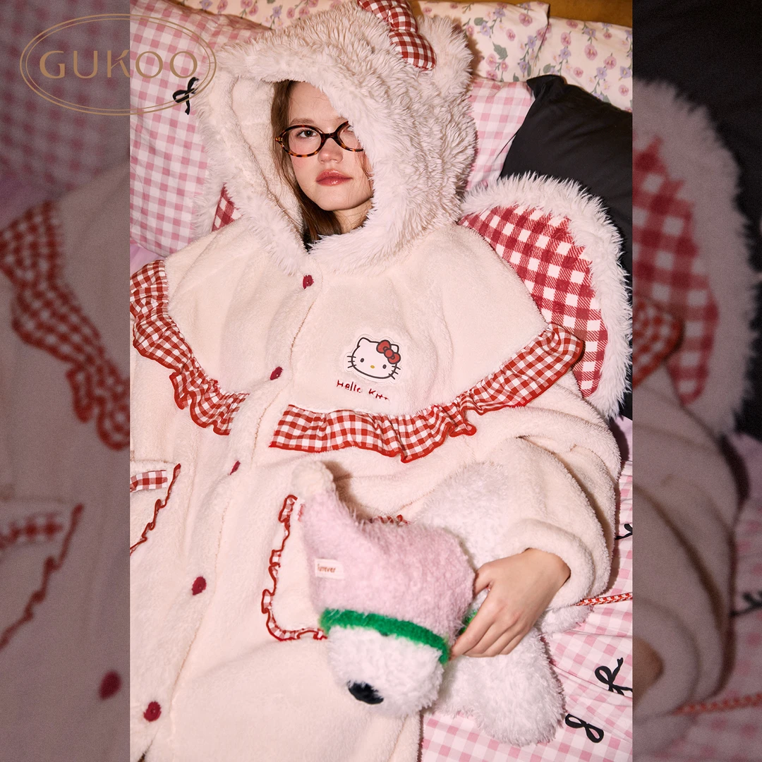【陈西贝专属】Gukoo果壳秋冬kitty联名撞色连帽保暖睡袍