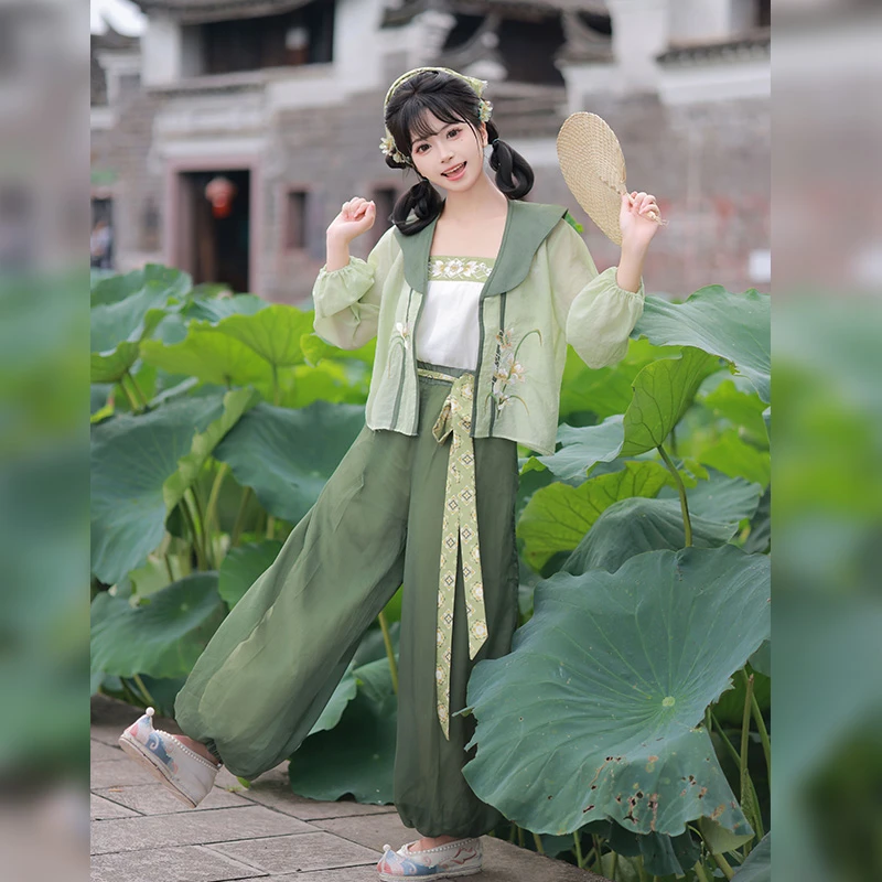 东方辞原创【如初颜】国风改良对襟衫绣花对褶吊带灯笼裤套装春夏季
