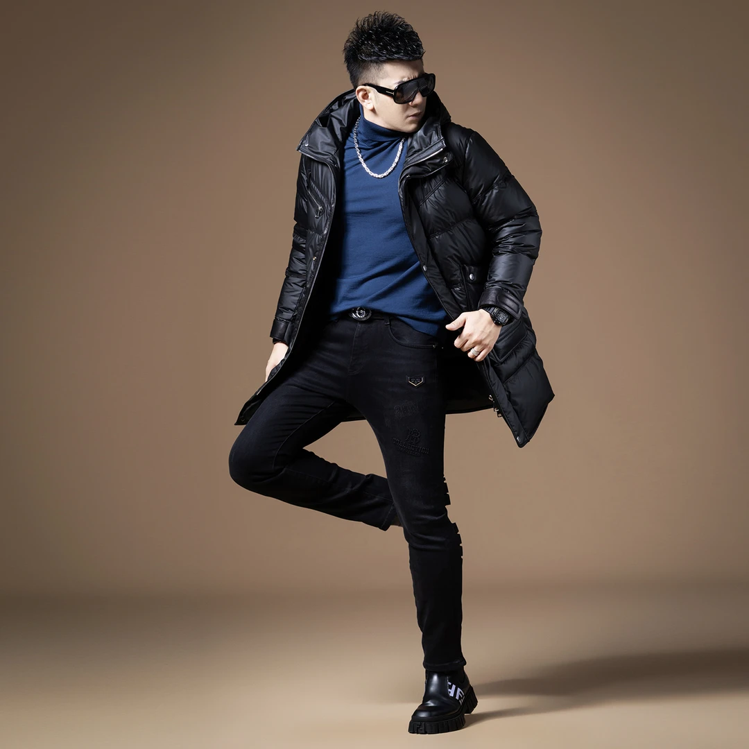 言吉冬季新款拼皮鸭绒男士时尚休闲防风连帽加厚羽绒服YJRL8802