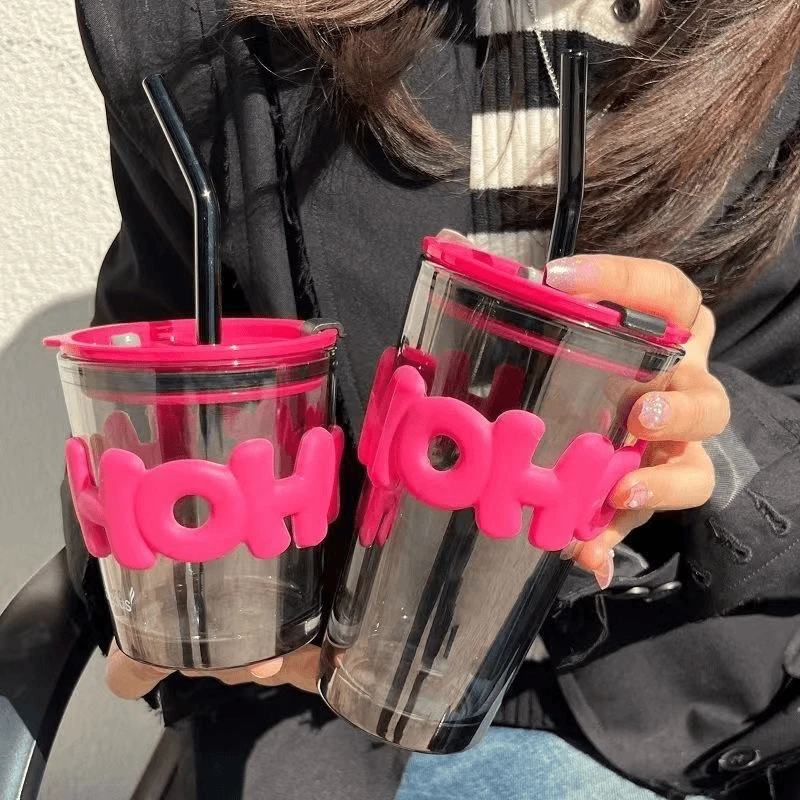【两只装】高颜值情侣学生水杯创意玻璃杯带吸管ins风带盖家用水杯