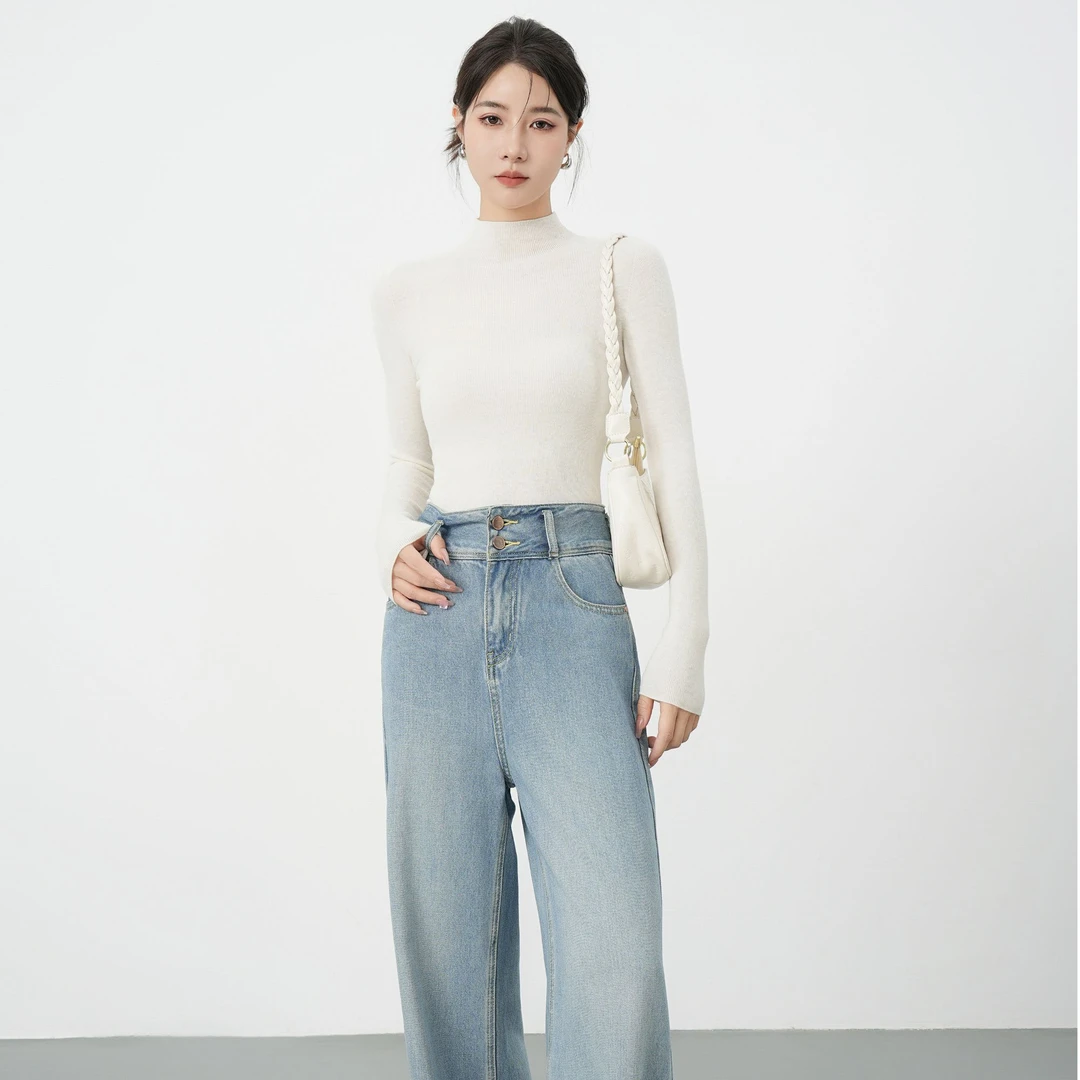 秋冬无缝时尚半高领长袖女士修身显瘦休闲洋气百搭羊毛针织打底衫