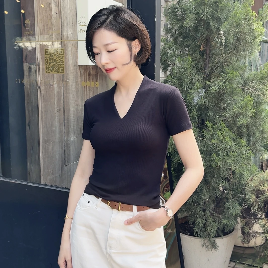 夏季新款辣妹紧身性感体恤黑色美式正肩短袖t恤女短款深v领上衣女