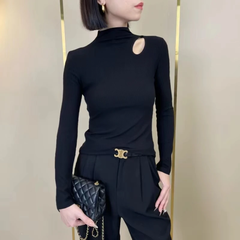 2025新款螺纹一片式半高领镂空长袖休闲时尚打底外穿针织洋气百搭