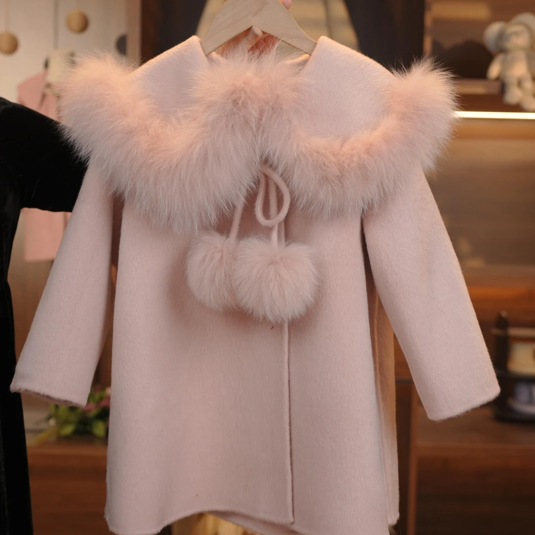 泡芙定制 2023冬季粉色女童双面纯手工绵羊毛大衣外套 DY231103