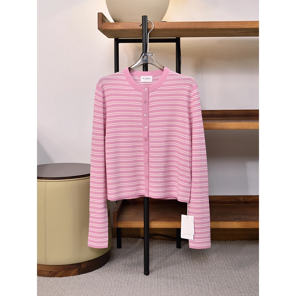 JCLP新款百搭条纹美利奴羊毛针织开衫女