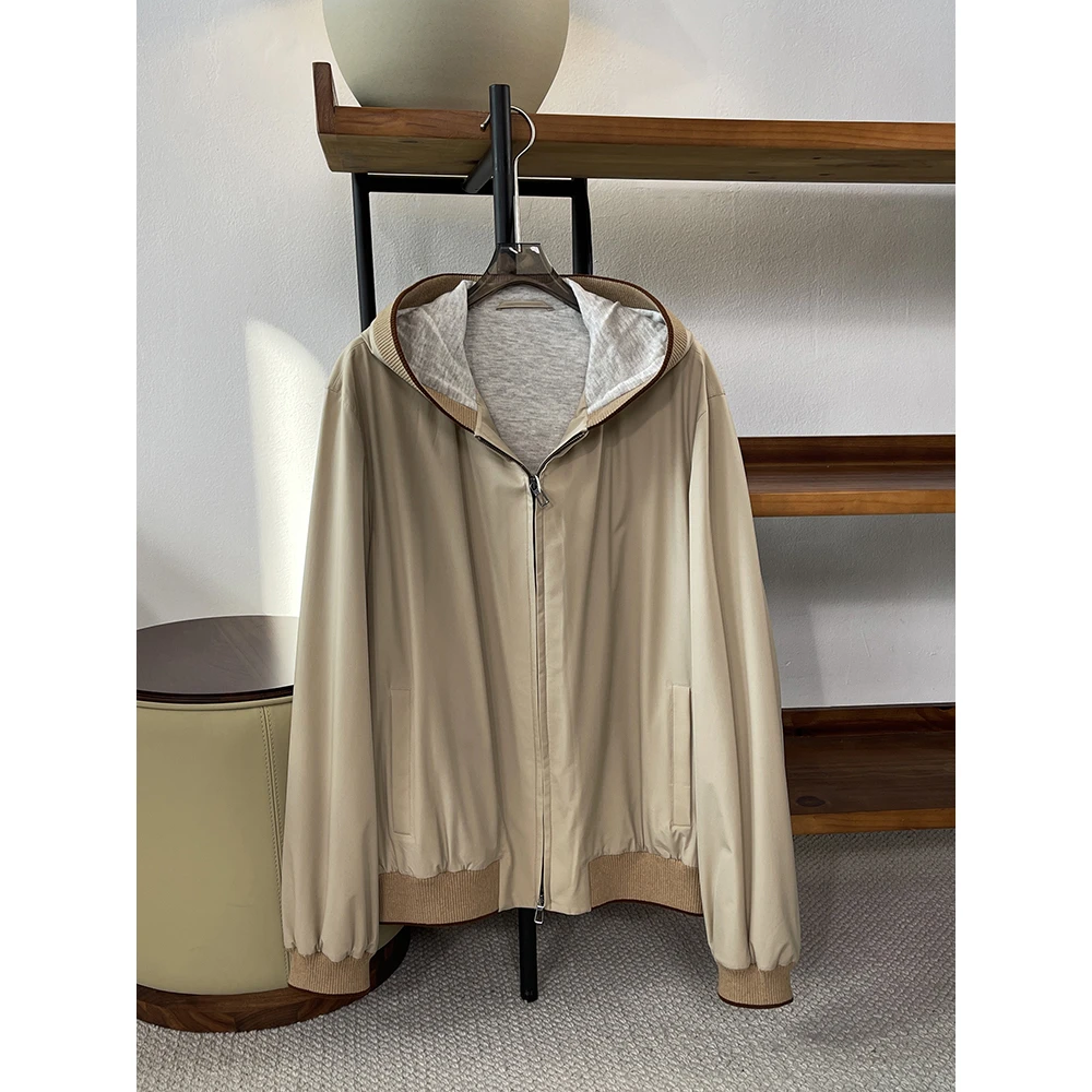 LP高端轻奢男装两面穿针梭织相拼双层内衬连帽风衣外套