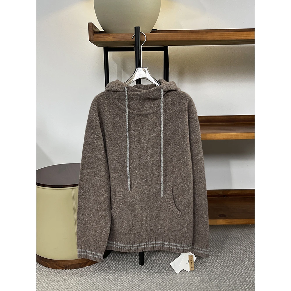 男士高端重磅加厚夹花纯山羊绒连帽套头针织卫衣