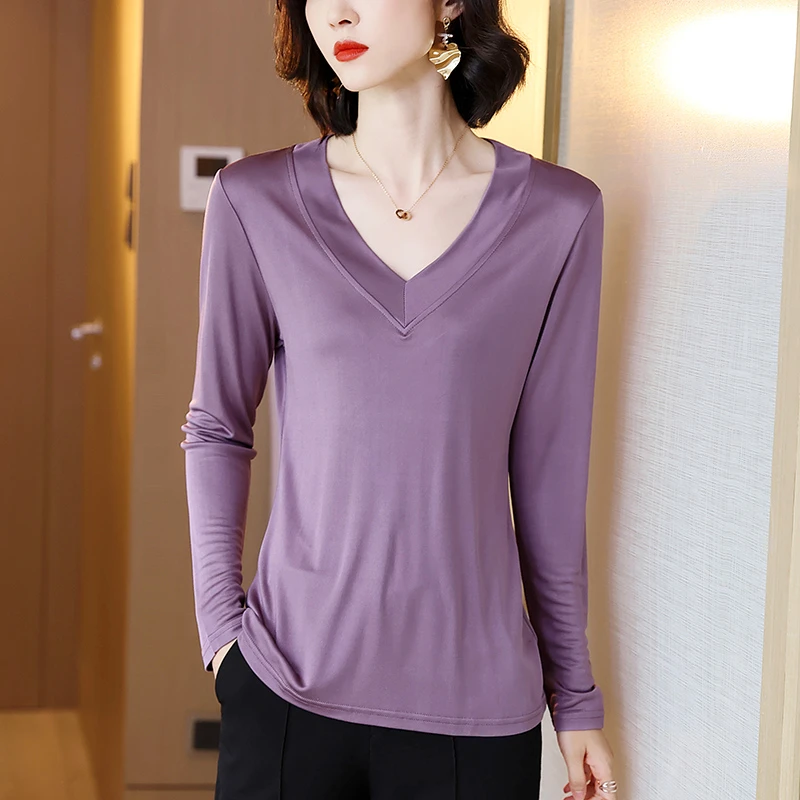 重磅真丝打底衫女V领T恤2023春季加厚双面针织桑蚕丝长袖上衣