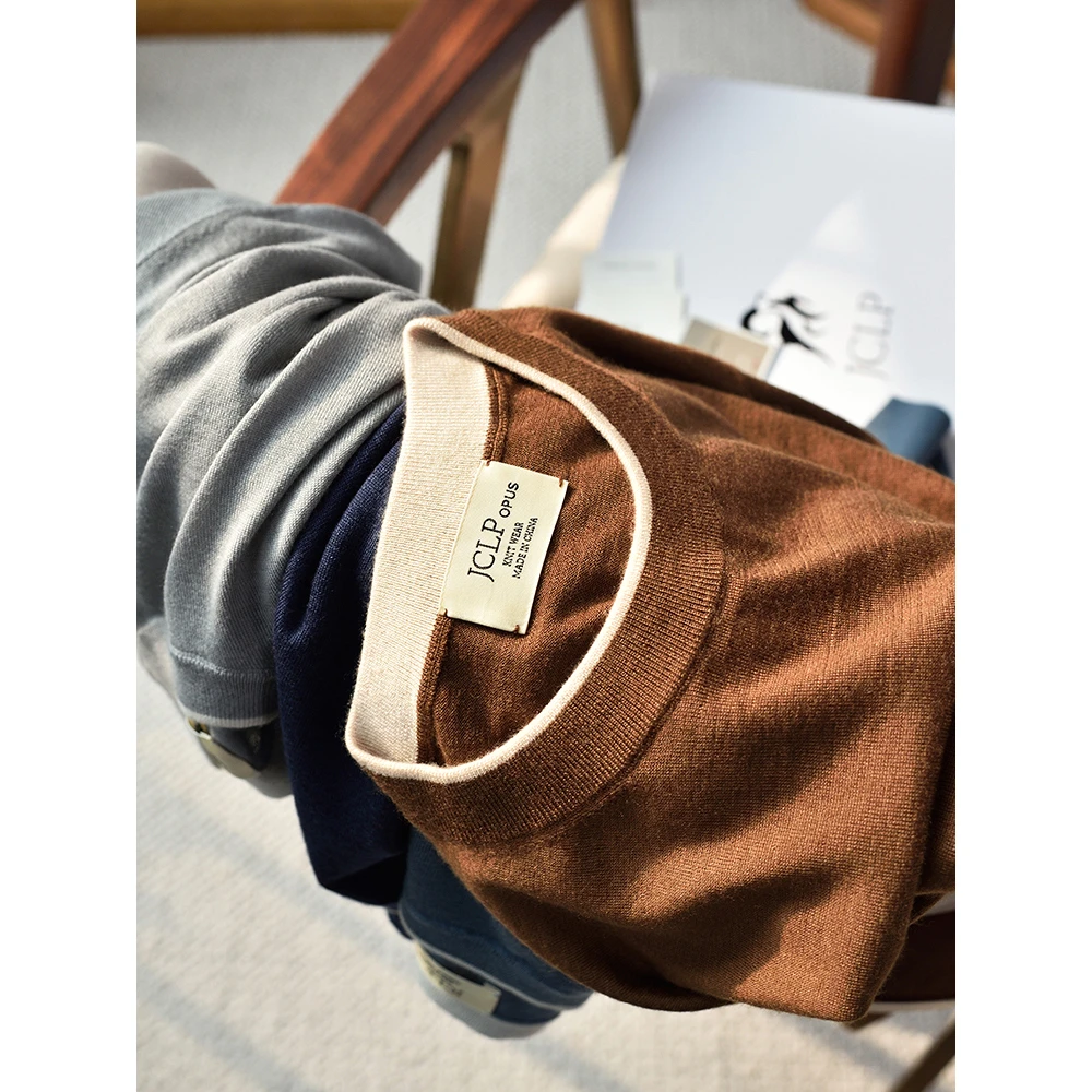 男士高端意大利LP纱线精纺羊绒桑蚕丝薄款镶边圆领针织衫