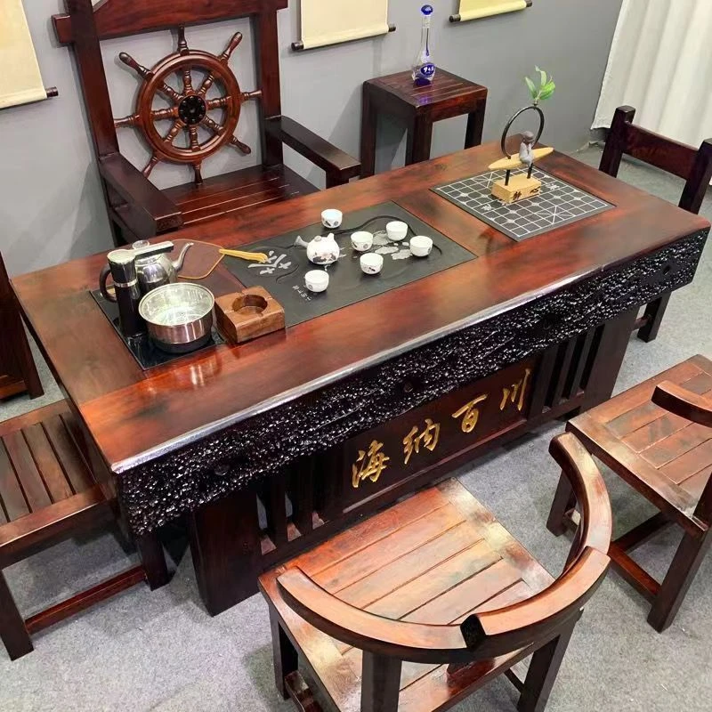 老船木实木茶桌组合客厅茶台茶具套装一体式家用办公室茶桌椅套装