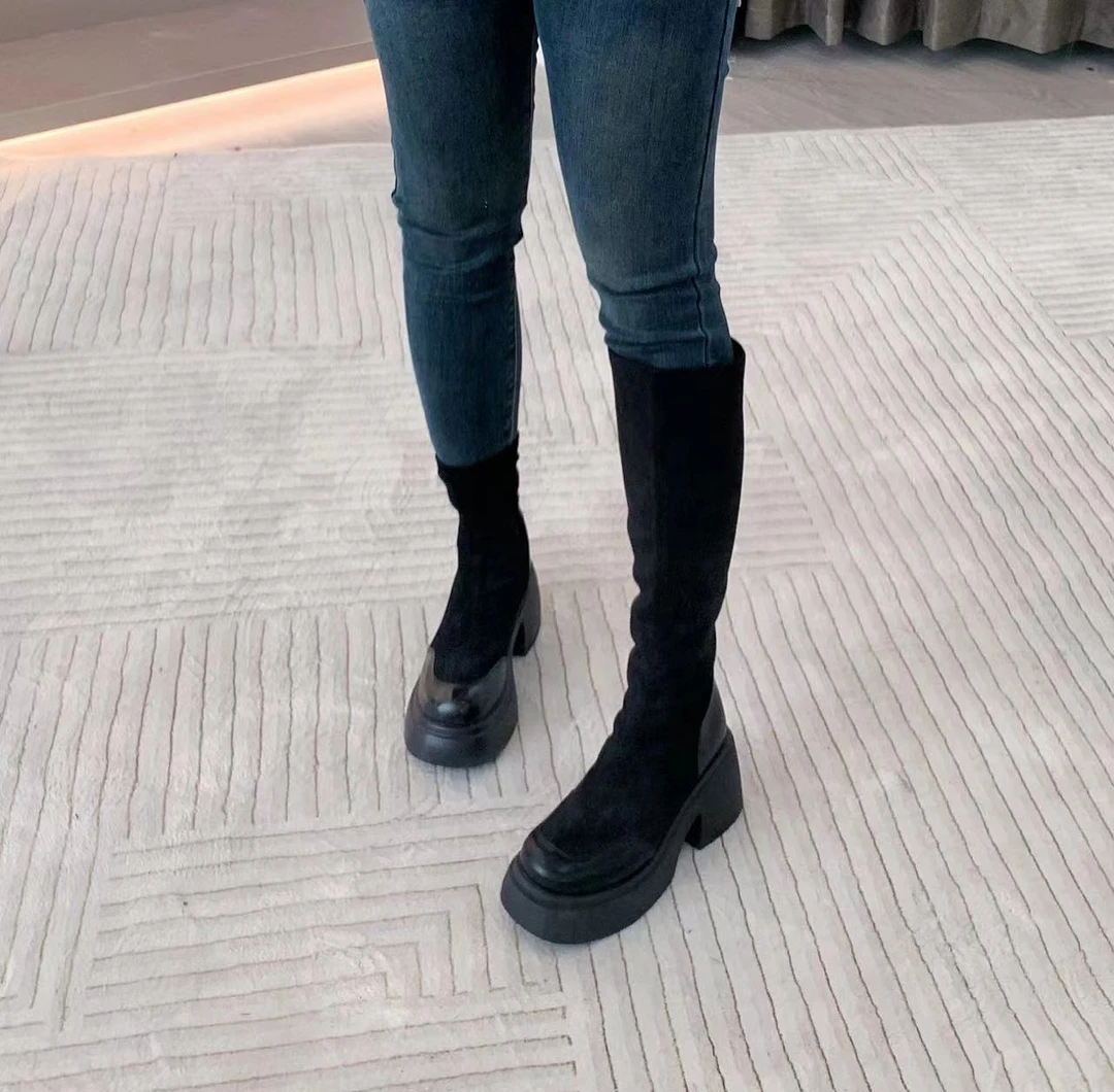 安安专享 绒绒矮子乐 弹力瘦瘦靴粗跟防水台马丁靴秋冬女靴