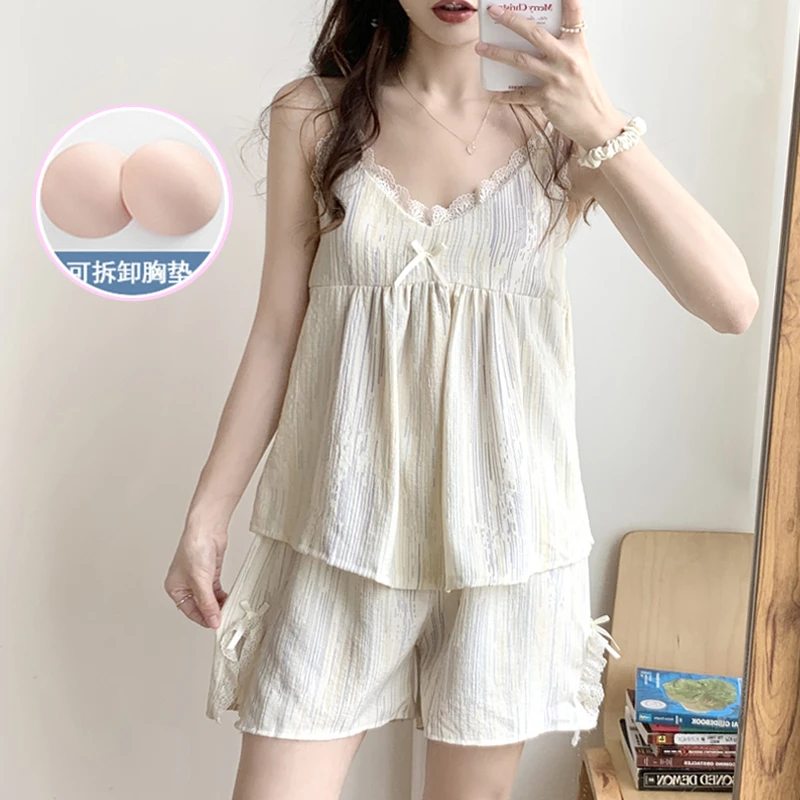 小吊带睡衣女夏季带胸垫爆款网红少女蕾丝家居服套装性感夏天薄款